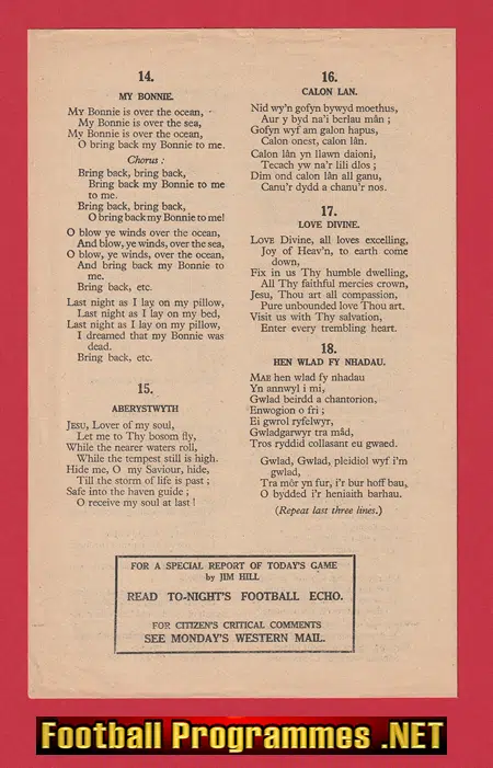 Wales v Scotland 1954 - Community Song Sheet