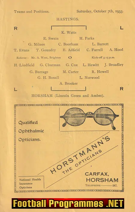 Horsham v Hastings 1933 - Antique Football Programmes