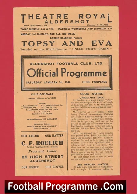 Aldershot v Luton Town 1944 – Rare 1940s Programme