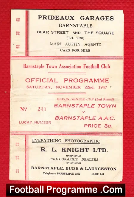 Barnstaple Town v Barnstaple AAC 1947 – 1940s Programme