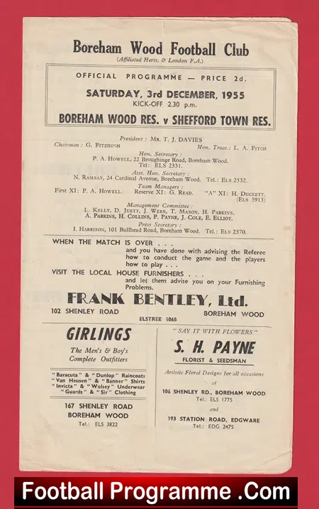 Boreham Wood v Shefford Town 1955 – Reserves