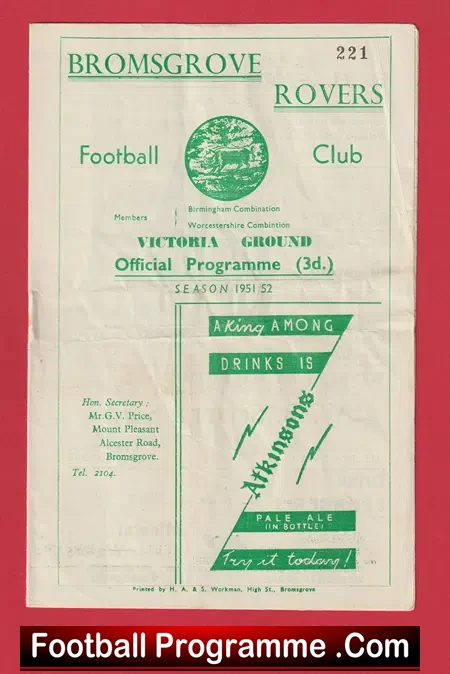 Bromsgrove Rovers v Bilston Town 1952 – Football Club Programme