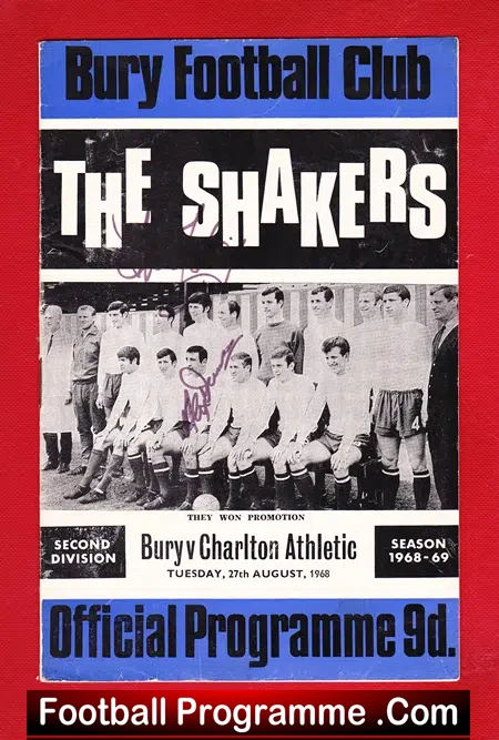 Bury v Charlton Athletic 1968 – Autographed Signed