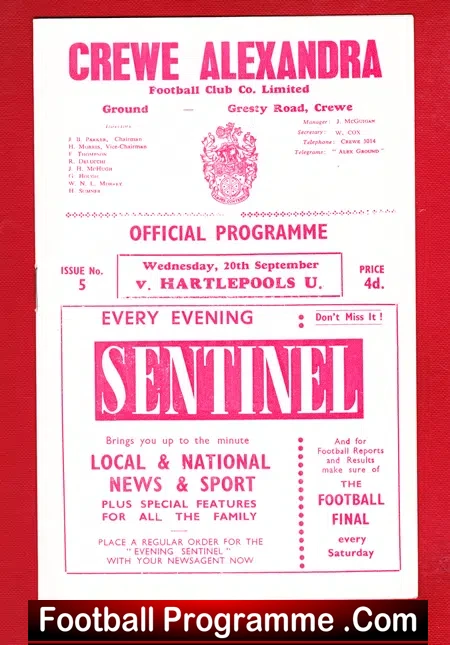 Crewe Alexandra v Hartlepool United 1961 – Plus lottery ticket
