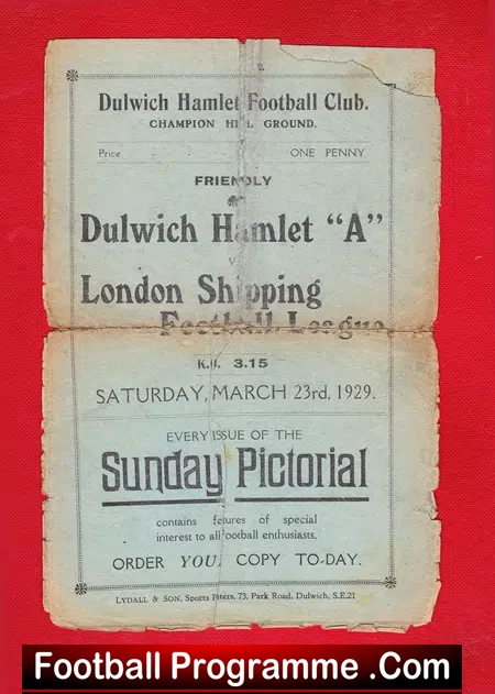 Dulwich Hamlet v London Shipping 1929 – 1920s Football Programme