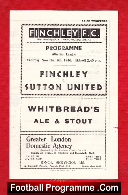 Finchley v Sutton United 1946 – 1940s Programme