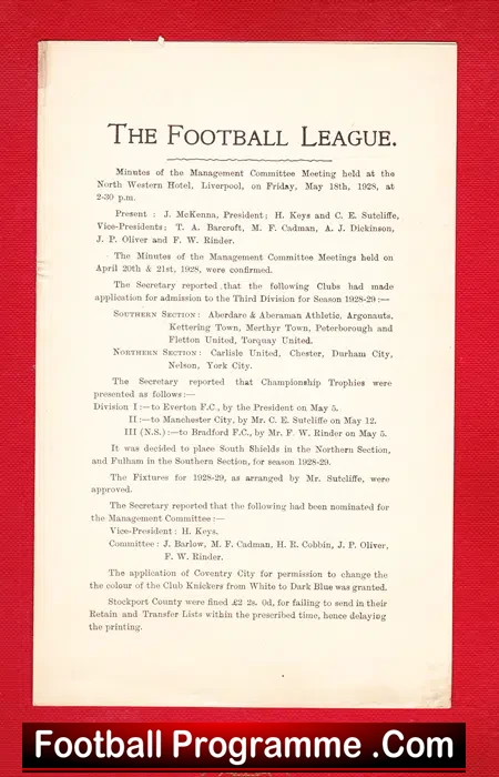 Football League Minutes To Meeting Liverpool Western Hotel 1927