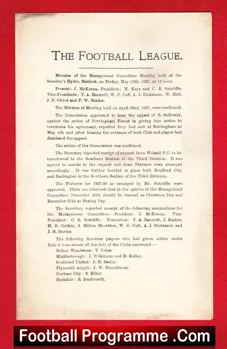 Football League Minutes To Meeting 1927 – in Matlock 1920s