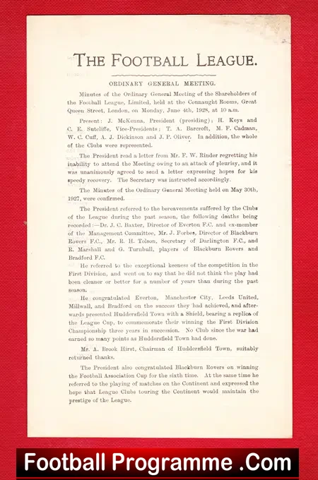 Football League Minutes To Meeting 1927 – Connaught rooms London