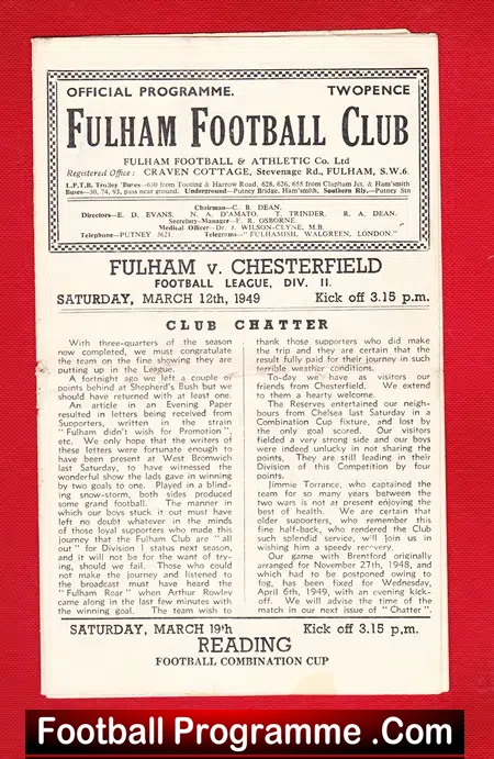 Fulham v Chesterfield 1949 – 1940s Football Memorabilia