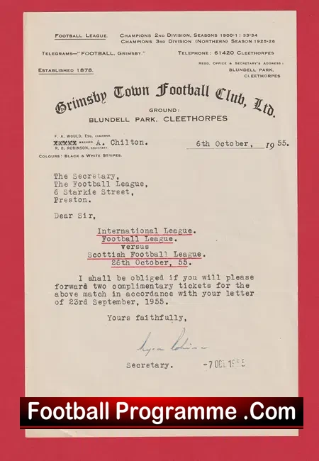 Grimsby Town Football Club Official Letter 1955 – 1950s