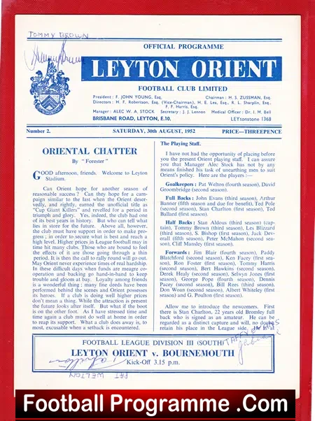 Leyton Orient v Bournemouth 1952 – Multi Autographed Signed