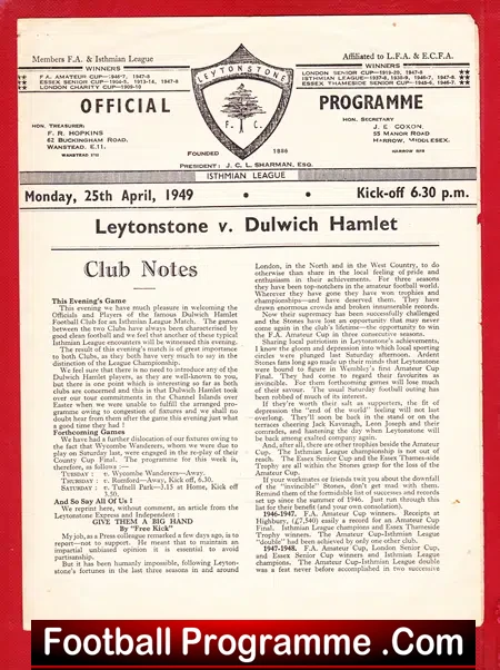 Leytonstone v Dulwich Hamlet 1949