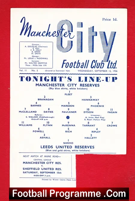 Manchester City v Leeds United 1956 – Reserves Match