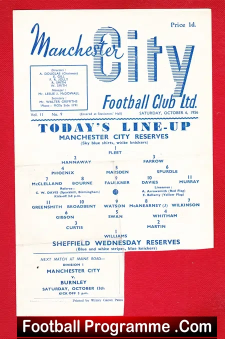 Manchester City v Sheffield Wednesday 1956 – Reserves