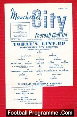 Manchester City v Sheffield Wednesday 1956 – Reserves