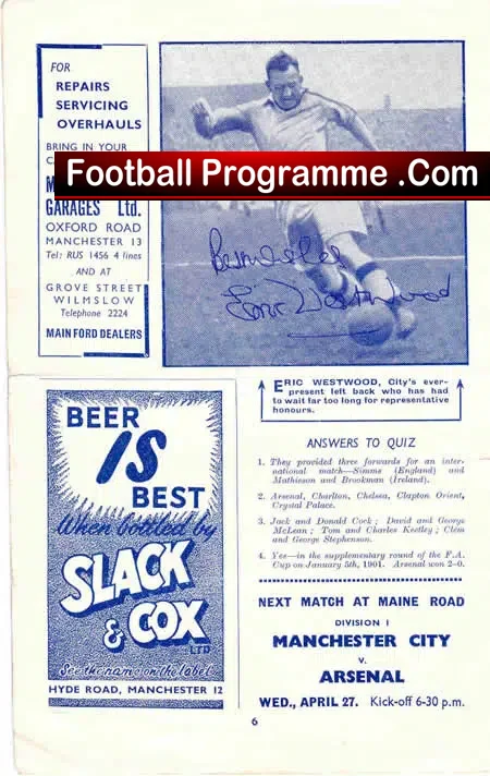 Manchester City v Sunderland 1949 – Autographed by Eric Westwood