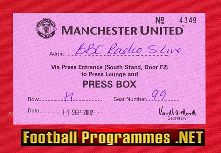 Manchester United 2002 Press ticket – 5 live Radio Ticket Stub