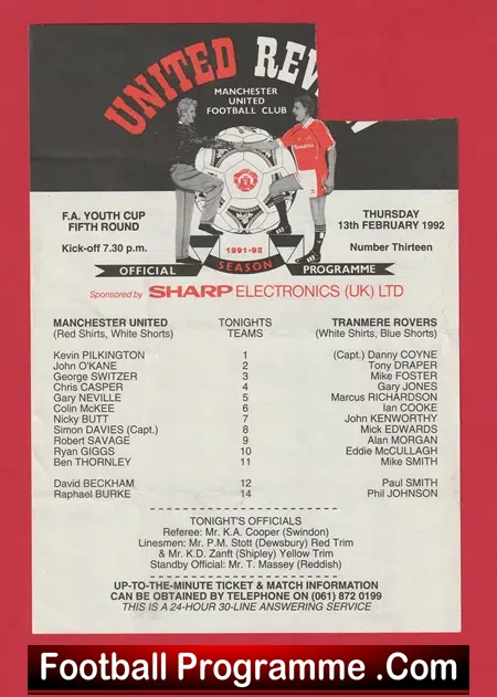 Manchester United v Tranmere Rovers 1992 – Youth Cup Beckham
