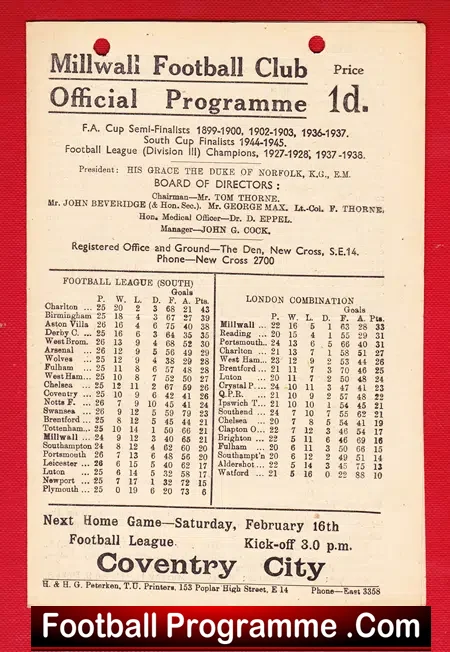 Millwall v Reading 1946 – 1940s Reserves Match