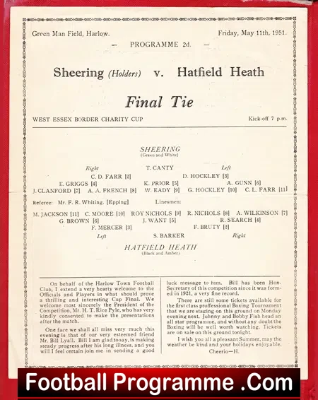Sheering v Hatfield Heath 1951 – Charity Cup Final Harlow