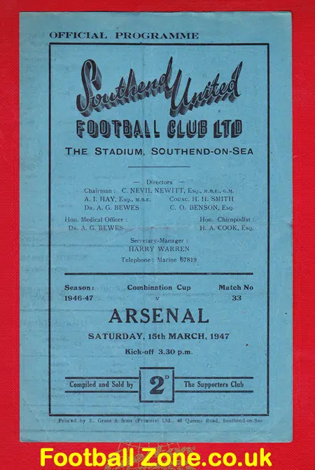 Southend United v Arsenal 1947 – Reserves Match Programme