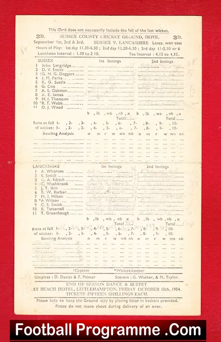 Sussex v Lancashire Cricket 1954 – Score Card 1950s