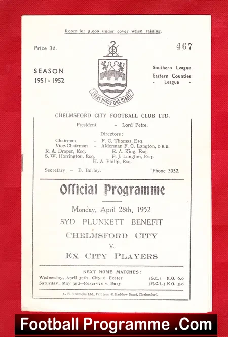 Syd Plunkett Testimonial Benefit Match Chelmsford City 1952