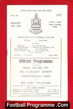 Syd Plunkett Testimonial Benefit Match Chelmsford City 1952