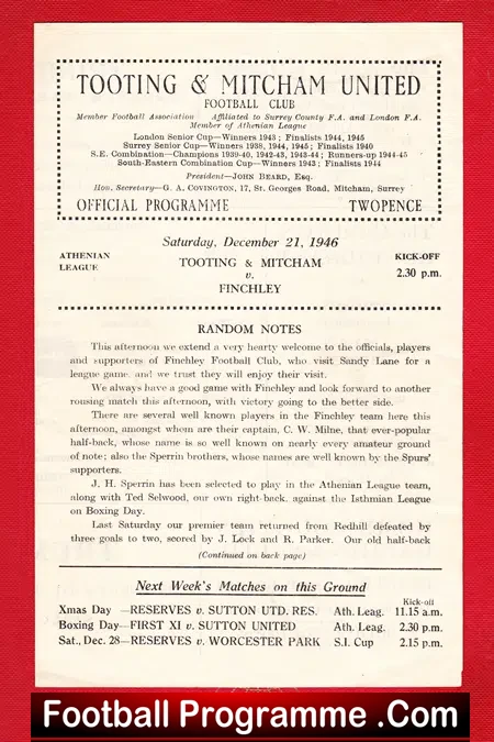 Tooting Mitcham United v Finchley 1946 – 1940s