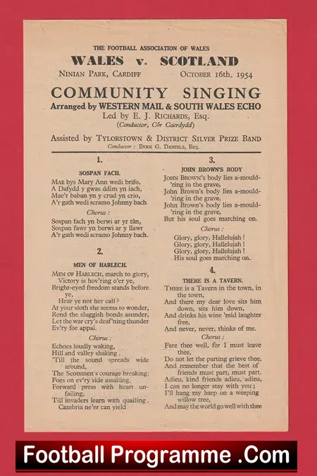 Wales v Scotland 1954 – Community Song Sheet
