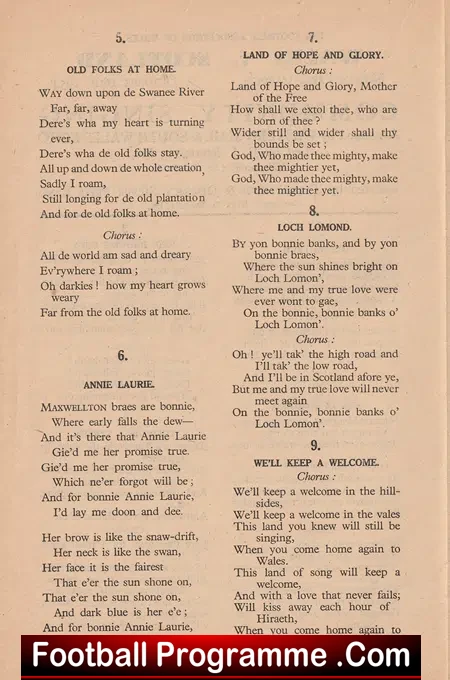 Wales v Scotland 1954 - Community Song Sheet