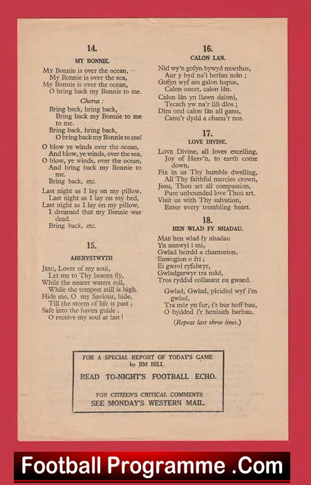 Wales v Scotland 1954 - Community Song Sheet