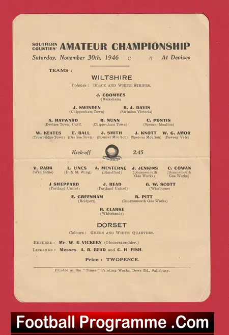 Wiltshire v Dorset Southern Counties League 1946 – Amateur