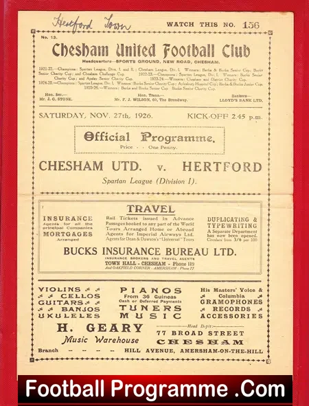 Chesham United v Hertford 1926 – 1920s Football Memorabilia