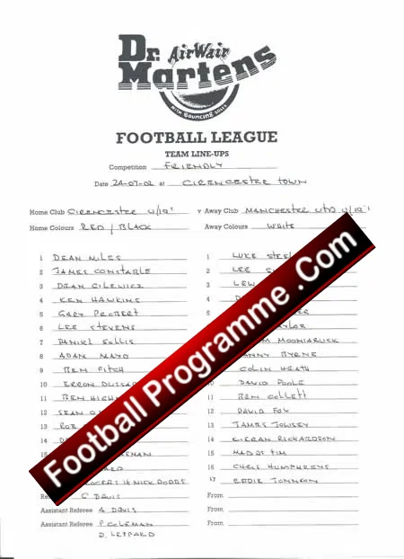 Cirencecester v Manchester United 2002 – U19’s + Team Sheet