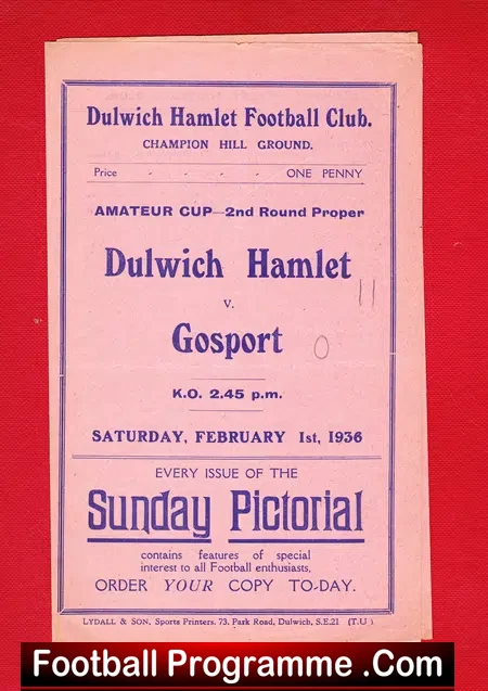 Dulwich Hamlet v Gosport 1936 – 1930s Football Programme