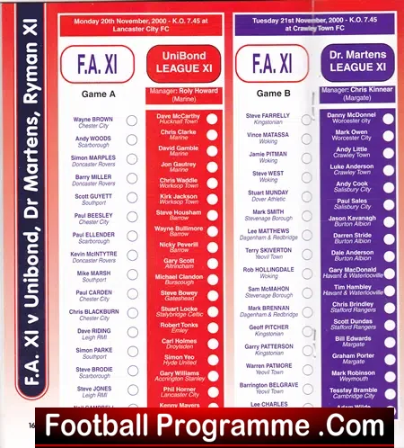 England Semi Professional International Trials 2000 – 2001