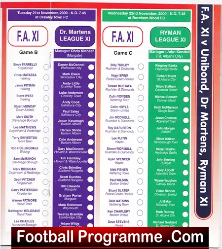 England Semi Professional International Trials 2000 - 2001