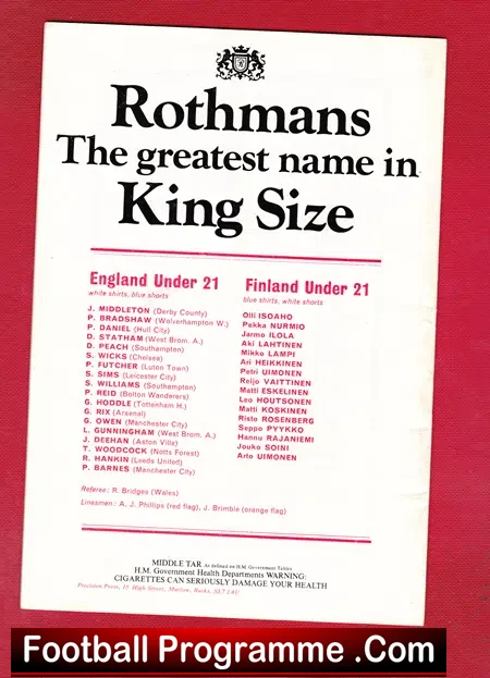 England v Finland 1977 – Under 21 at Hull + Hoddle + Rix