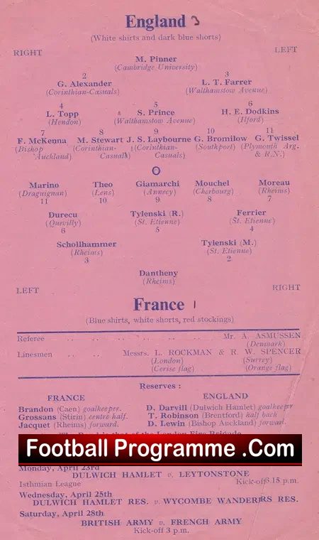 England v France 1956 – Amateur International Match Dulwich