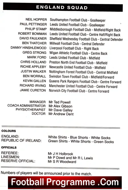 England v Ireland 1993 – Under 18’s Match Vale Park Stoke