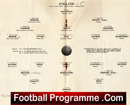 England v Italy 1955 – U23 at Chelsea Plus Duncan Edwards