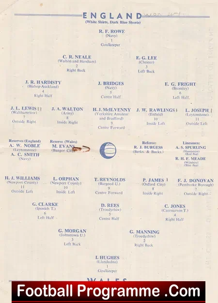 England v Wales 1949 – Amateur International at Swindon