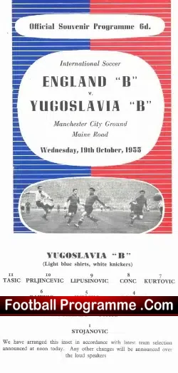 England v Yugoslavia 1955 – B International at Man City + Sheet
