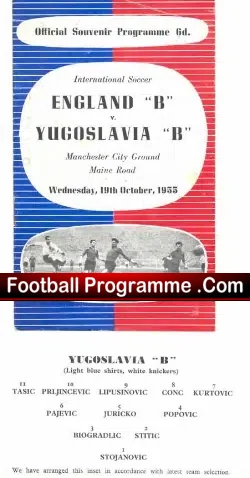England v Yugoslavia 1955 – B International at Man City + Sheet