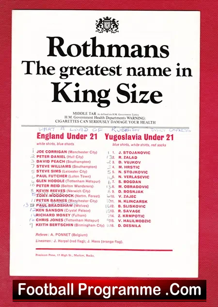 England v Yugoslavia 1978 – Under 21 at Manchester City
