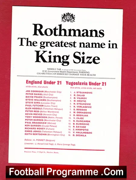 England v Yugoslavia 1978 – Under 21 at Maine Road City