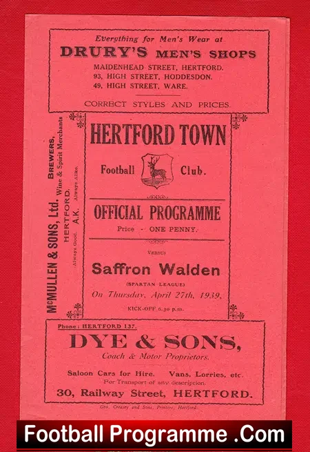 Hertford Town v Saffron Walden Town 1939 – Rare 1930s Programme