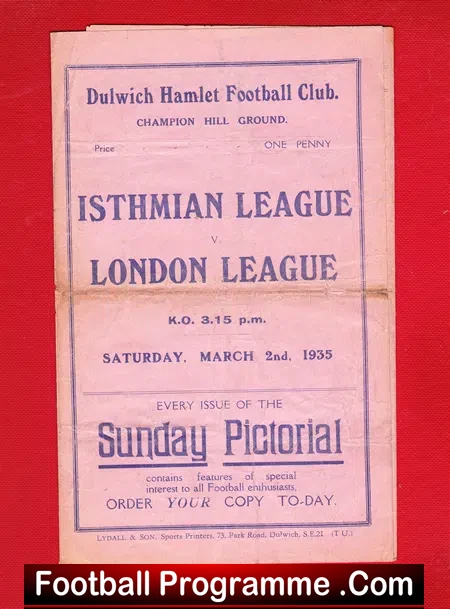 Isthmian League v London League 1935 – at Dulwich Hamlet